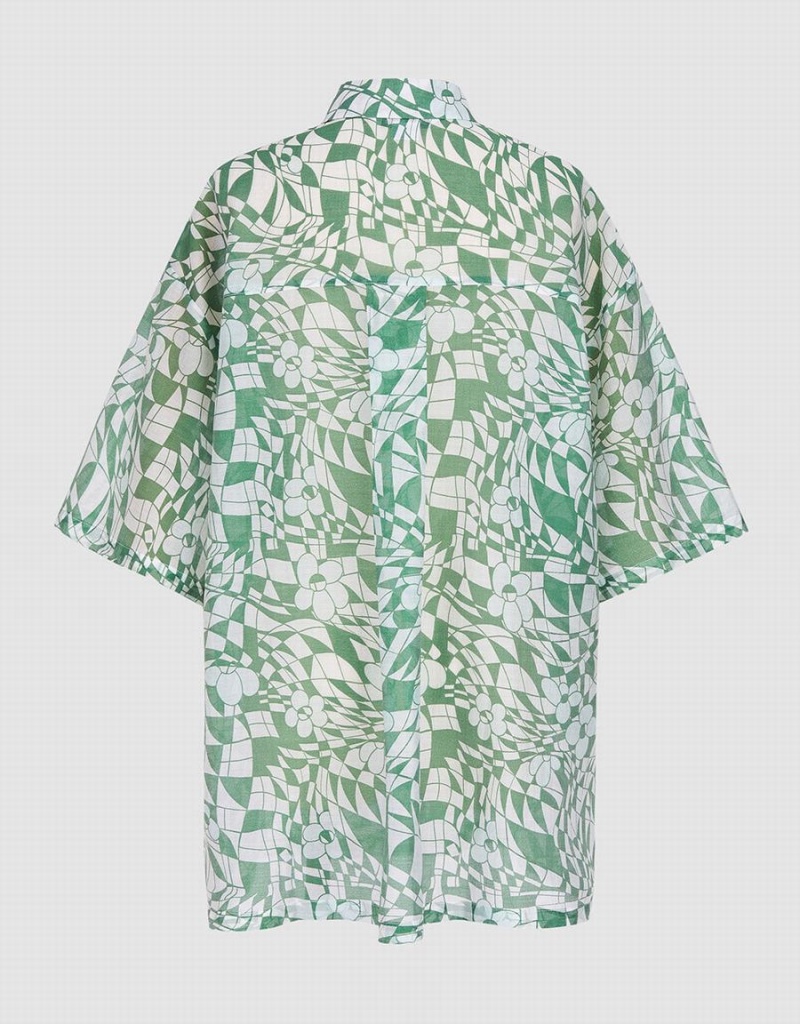 Green Women's Urban Revivo Geometric Print Short Sleeve Shirts | JOG7831MW