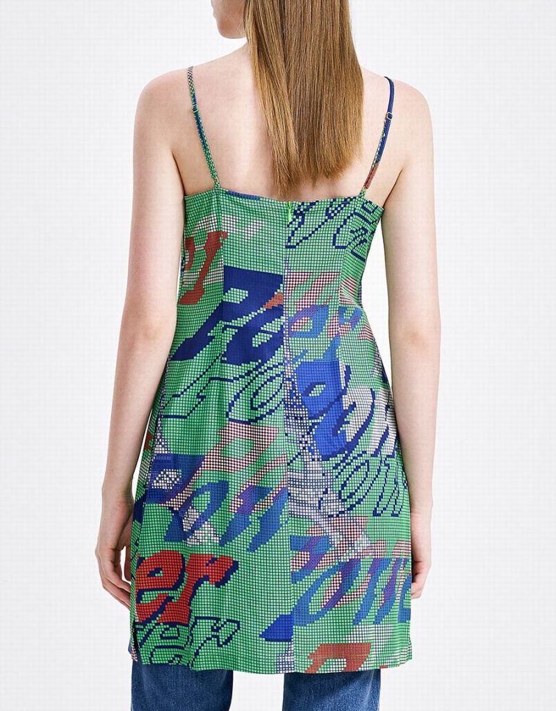 Green Women's Urban Revivo Graffiti Print Cami Mini Dress | NGE7271QE