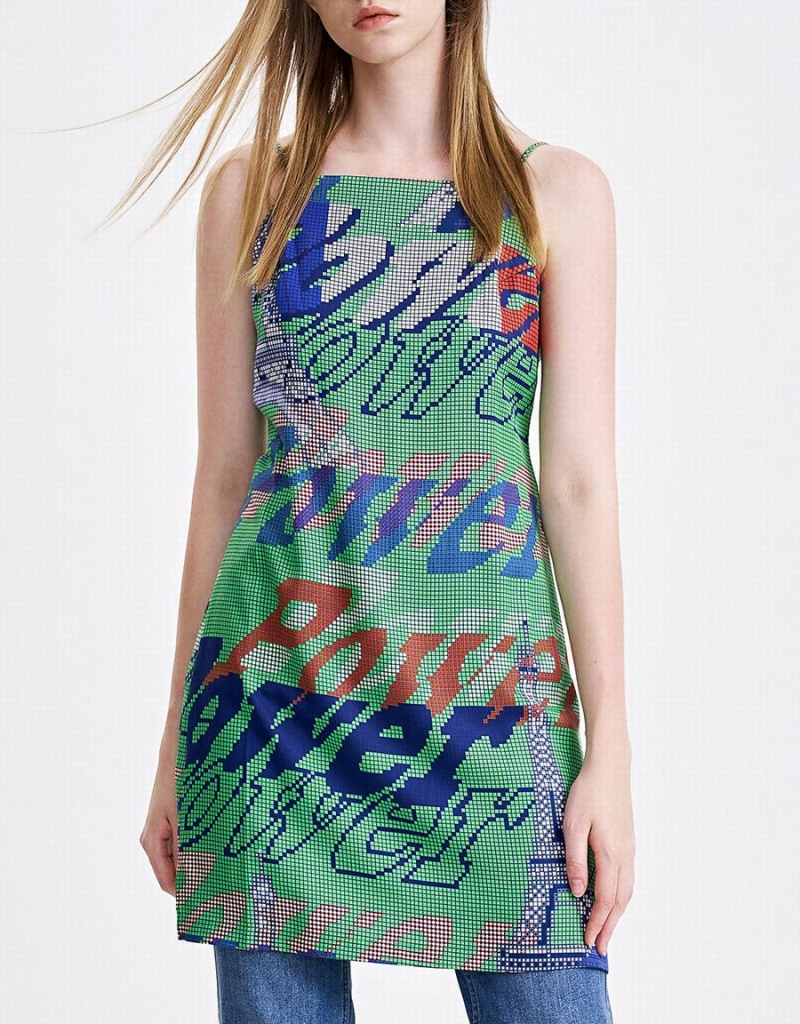 Green Women's Urban Revivo Graffiti Print Cami Mini Dress | NGE7271QE