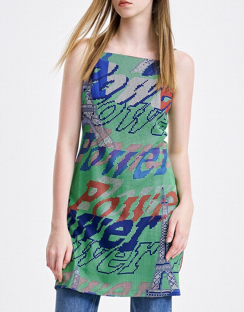 Green Women\'s Urban Revivo Graffiti Print Cami Mini Dress | NGE7271QE