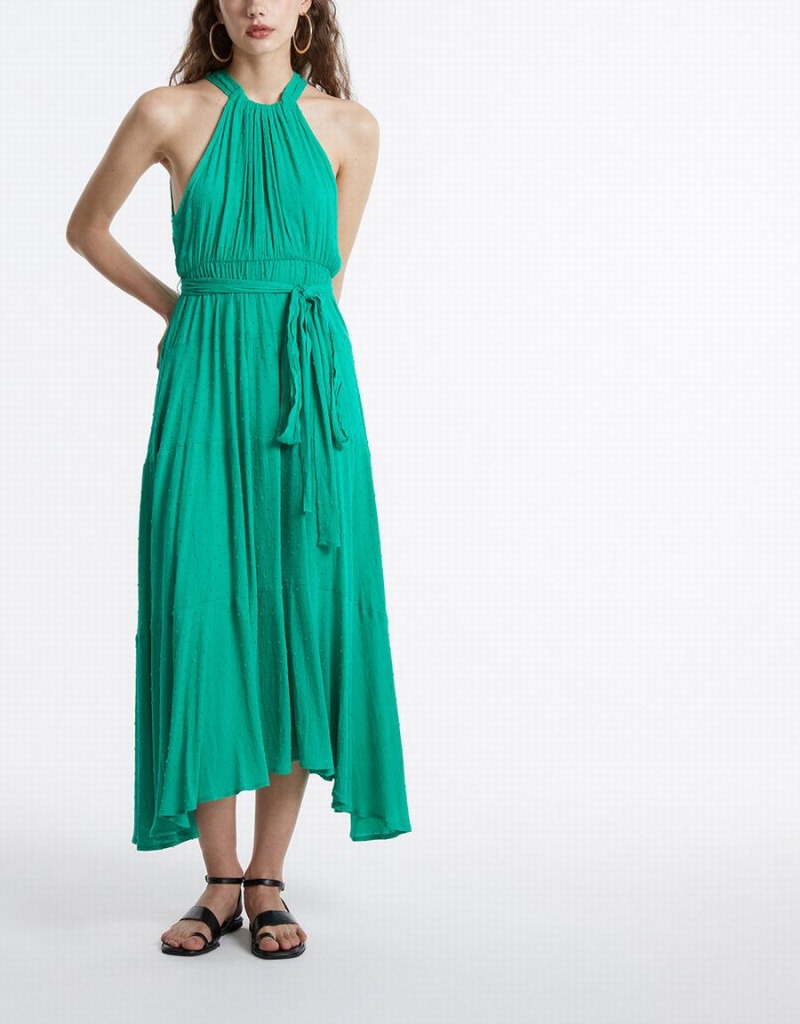 Green Women's Urban Revivo Halter Belted Sleeveless Maxi Dress | IUT7060LM