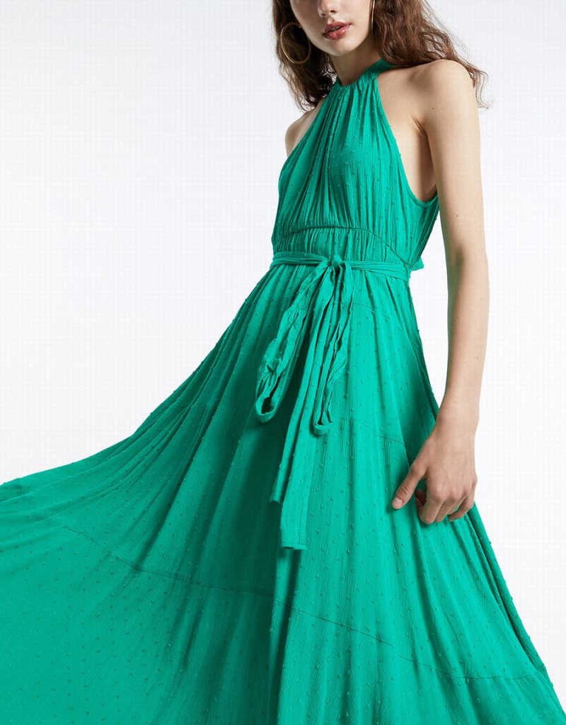 Green Women's Urban Revivo Halter Belted Sleeveless Maxi Dress | IUT7060LM