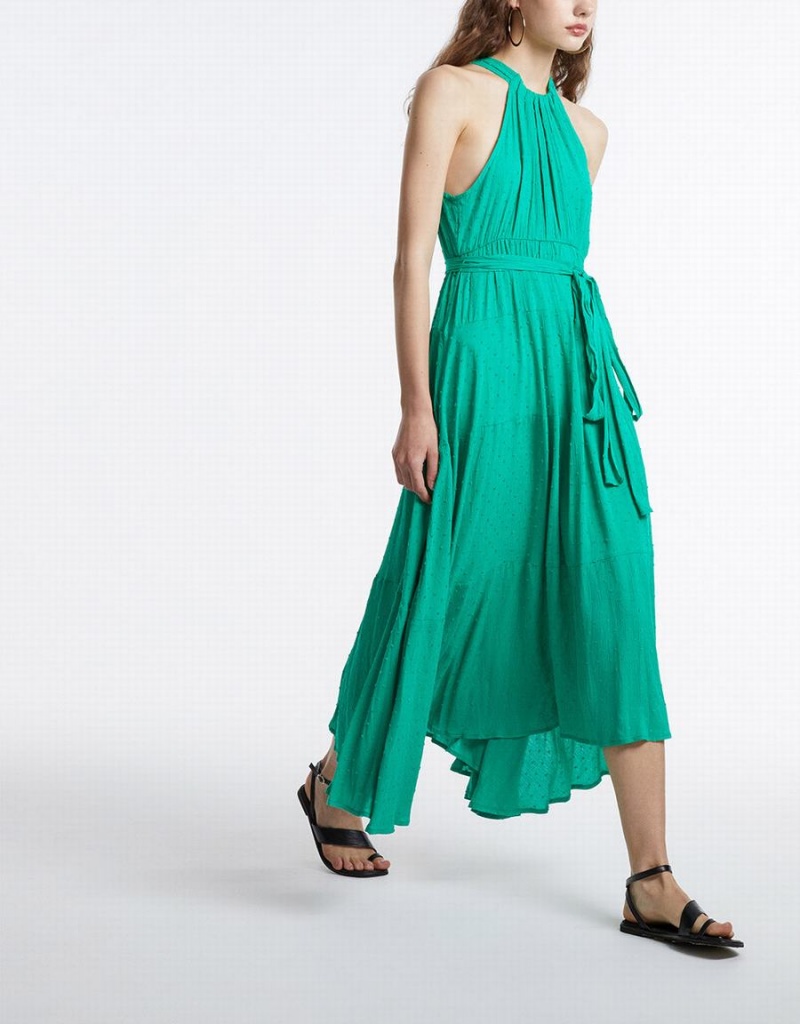 Green Women's Urban Revivo Halter Belted Sleeveless Maxi Dress | IUT7060LM