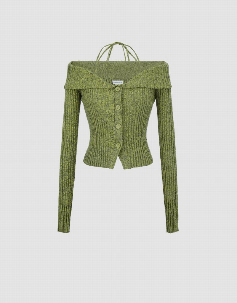 Green Women's Urban Revivo Halter Neck Off-Shoulder Knitted Cardigan | KBH538VW