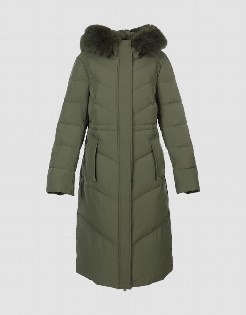 Green Women's Urban Revivo Hooded A-Line With Detachable Furry Collar Down Jackets | KKV6816ET