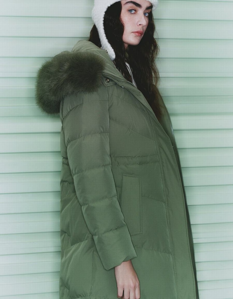 Green Women's Urban Revivo Hooded A-Line With Detachable Furry Collar Down Jackets | KKV6816ET