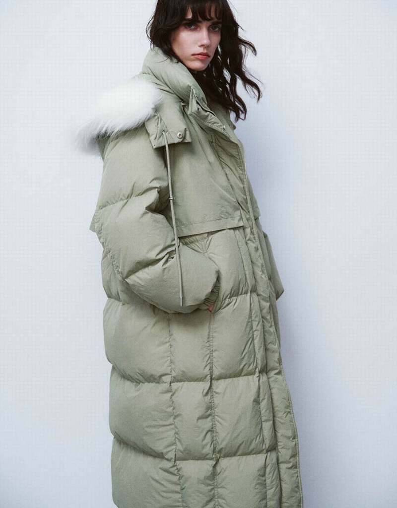 Green Women's Urban Revivo Hooded Straight Down Jackets | GYD6790NU