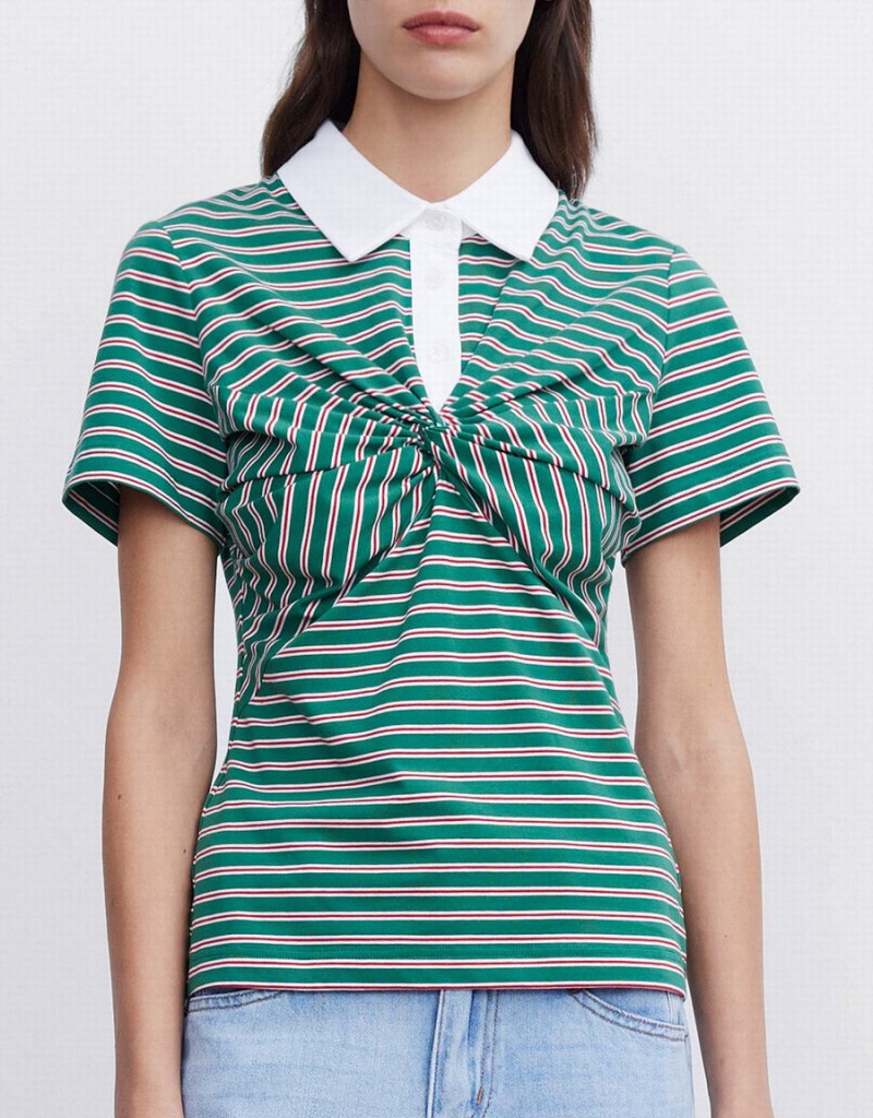 Green Women's Urban Revivo Knotted Detail Striped Polo Shirts | NXI10062PZ