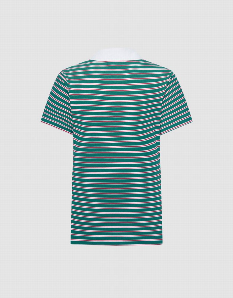 Green Women's Urban Revivo Knotted Detail Striped Polo Shirts | NXI10062PZ