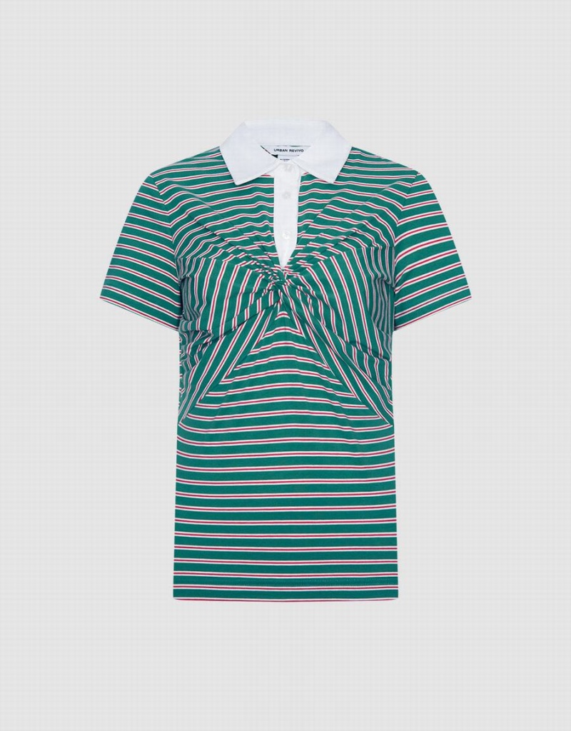 Green Women\'s Urban Revivo Knotted Detail Striped Polo Shirts | NXI10062PZ