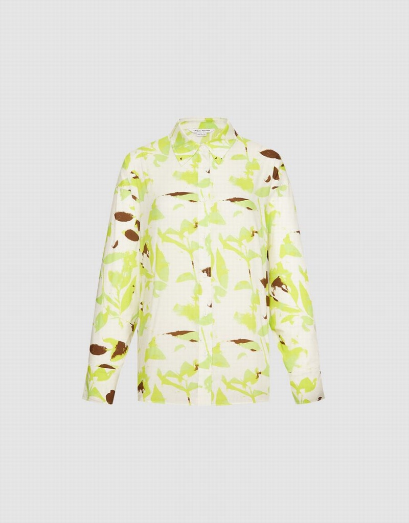 Green Women's Urban Revivo Leaf Print Button Up Shirts | YVA2131ZO