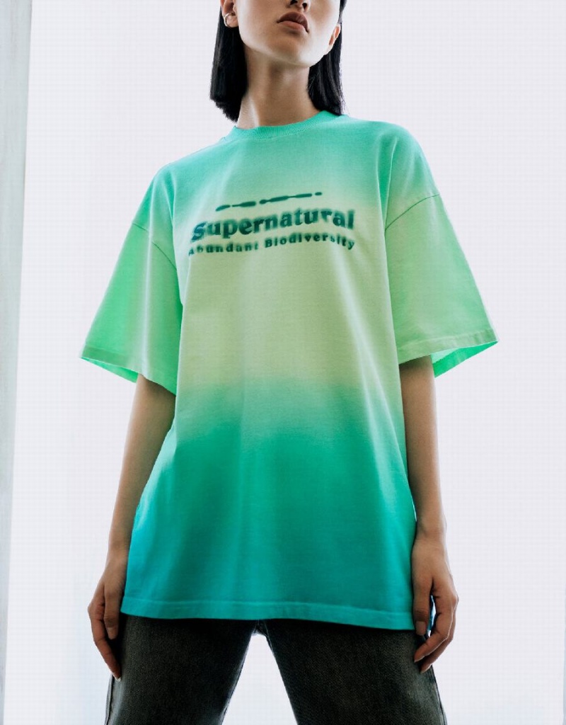 Green Women's Urban Revivo Letter Printed Gradient T Shirts | YKG6029CE