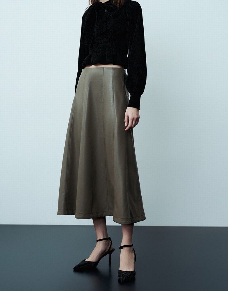 Green Women's Urban Revivo Midi A-Line Skirts | MQA907QR