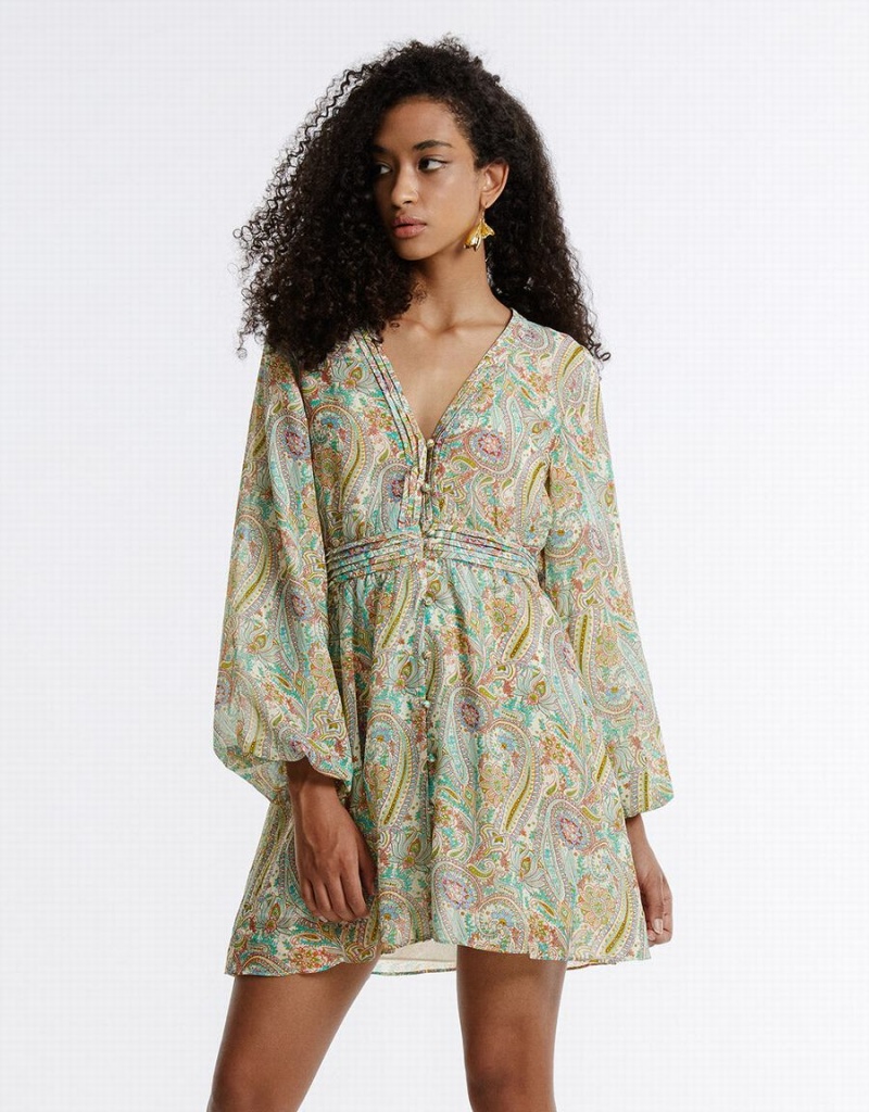 Green Women's Urban Revivo Paisley Print Chiffon Dress | NUO4564WB