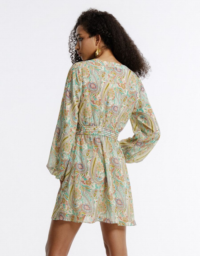 Green Women's Urban Revivo Paisley Print Chiffon Dress | NUO4564WB