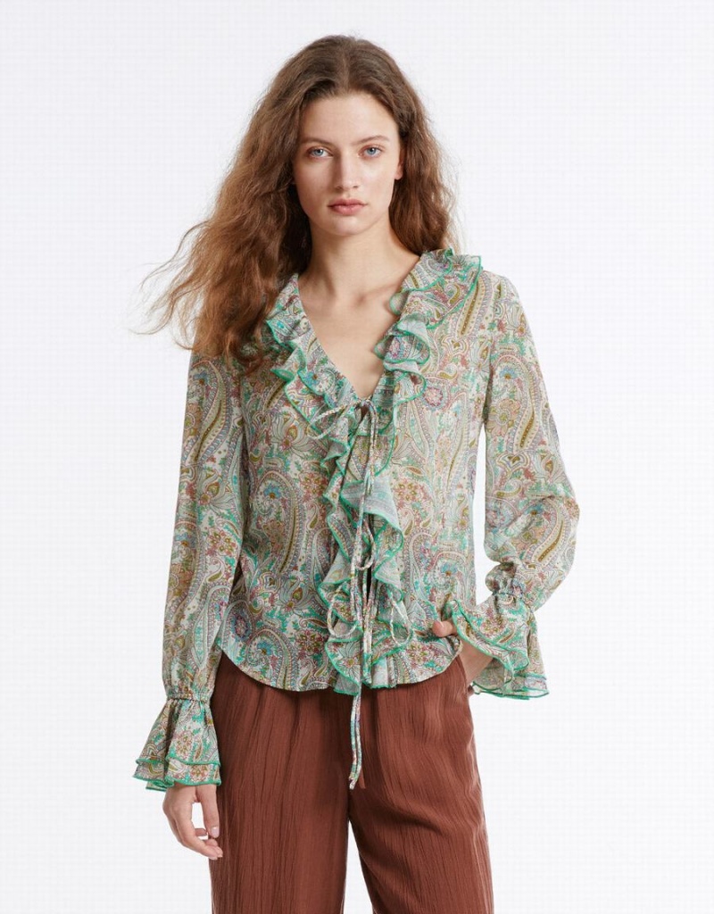 Green Women's Urban Revivo Paisley Print Ruffled Shirts | IED1642BW