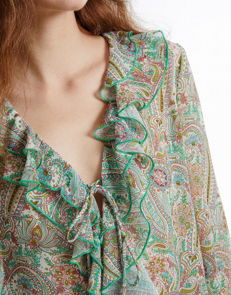 Green Women's Urban Revivo Paisley Print Ruffled Shirts | IED1642BW