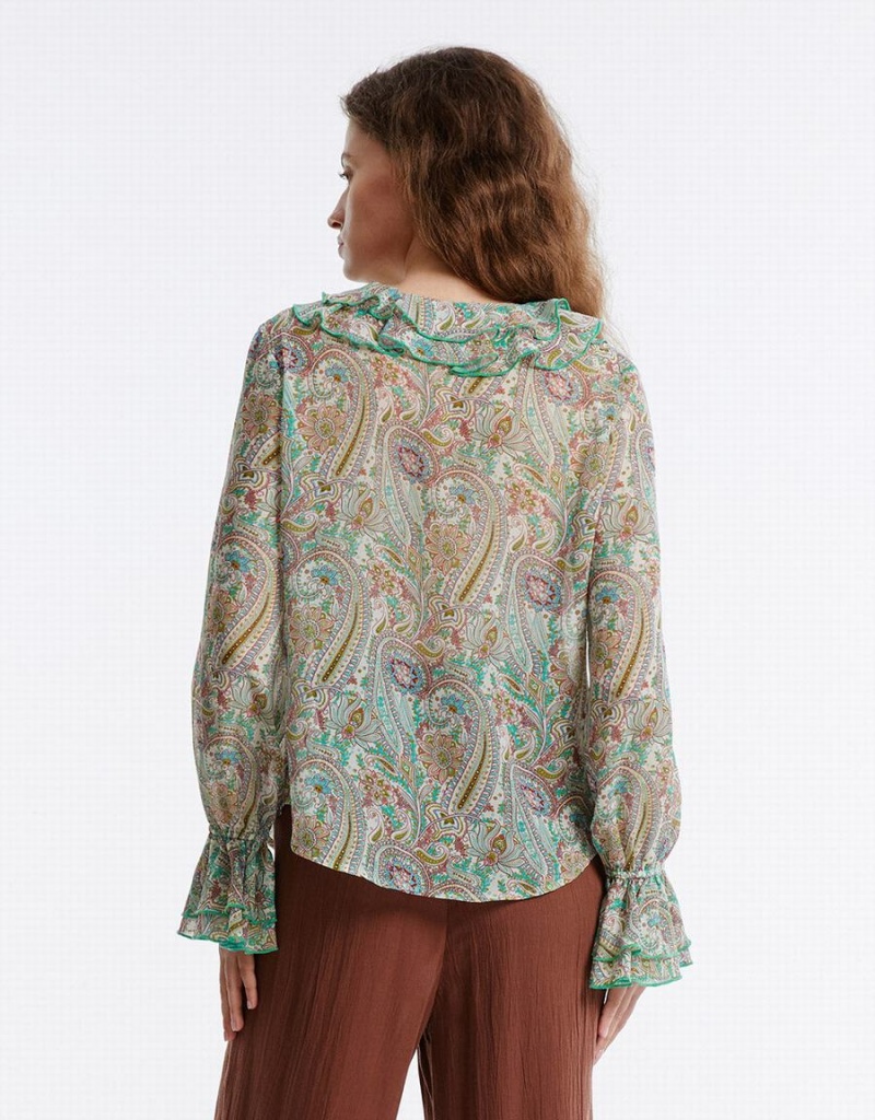 Green Women's Urban Revivo Paisley Print Ruffled Shirts | IED1642BW