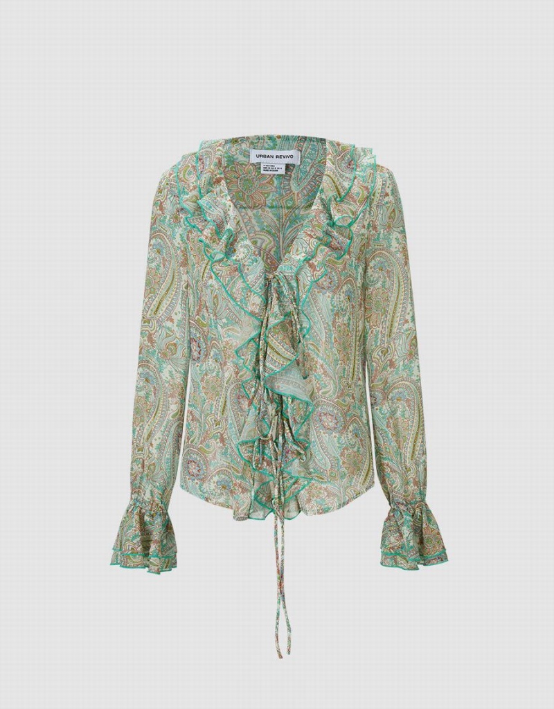 Green Women\'s Urban Revivo Paisley Print Ruffled Shirts | IED1642BW