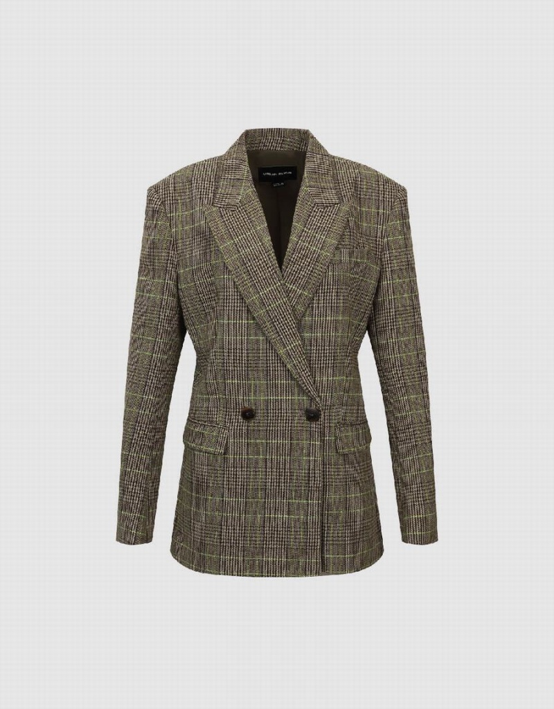 Green Women's Urban Revivo Peak Lapel Plaid Blazers | XIN3397QG