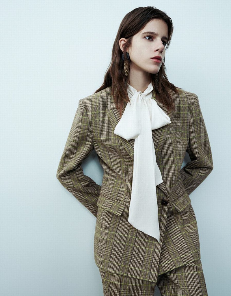 Green Women's Urban Revivo Peak Lapel Plaid Blazers | XIN3397QG