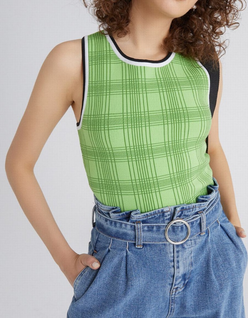 Green Women's Urban Revivo Plaid Jacquard Knitted Tank Top | WDQ7374KV