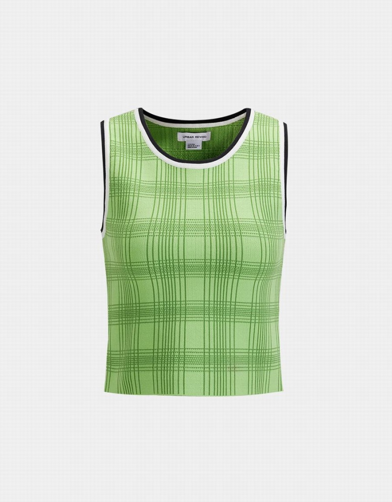 Green Women\'s Urban Revivo Plaid Jacquard Knitted Tank Top | WDQ7374KV