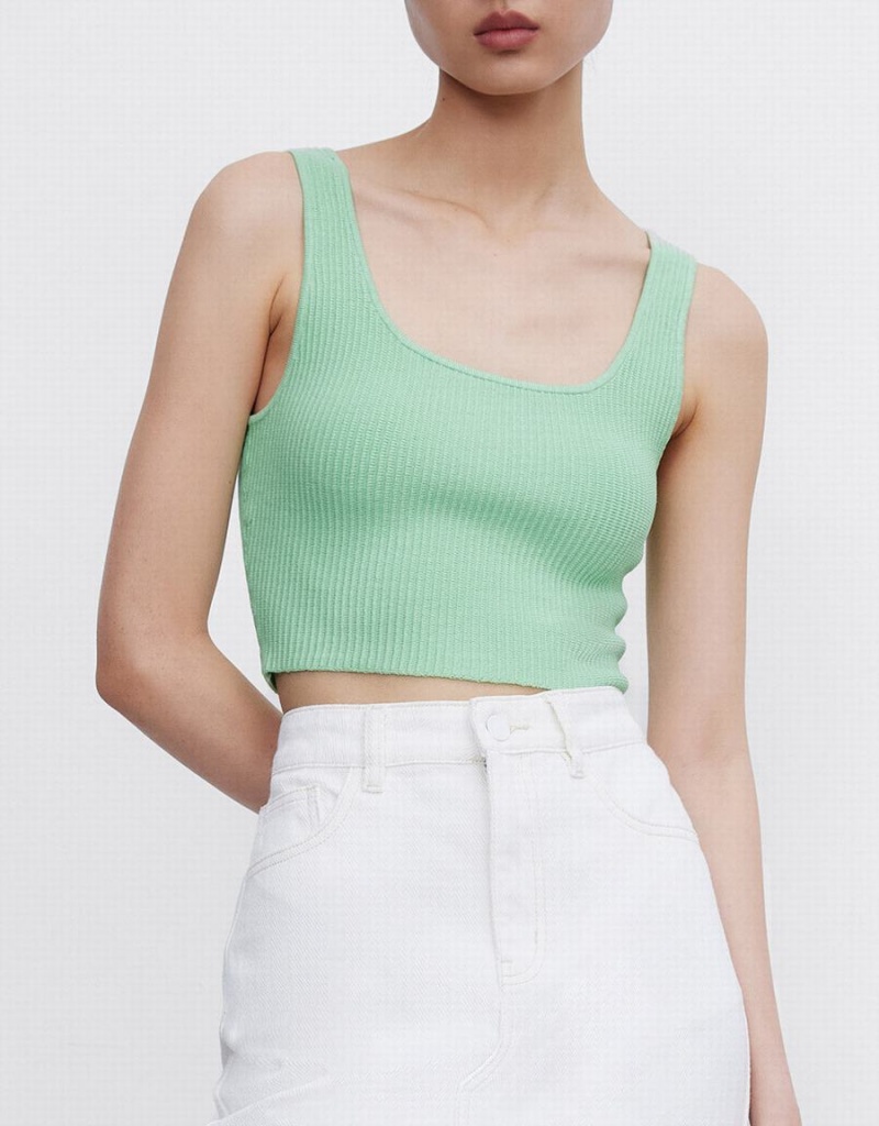 Green Women's Urban Revivo Plain Ribbed Knit Tank Top | QVT137CM