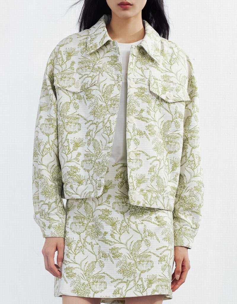 Green Women's Urban Revivo Plant Print Button Up Jackets | AIR60100QI