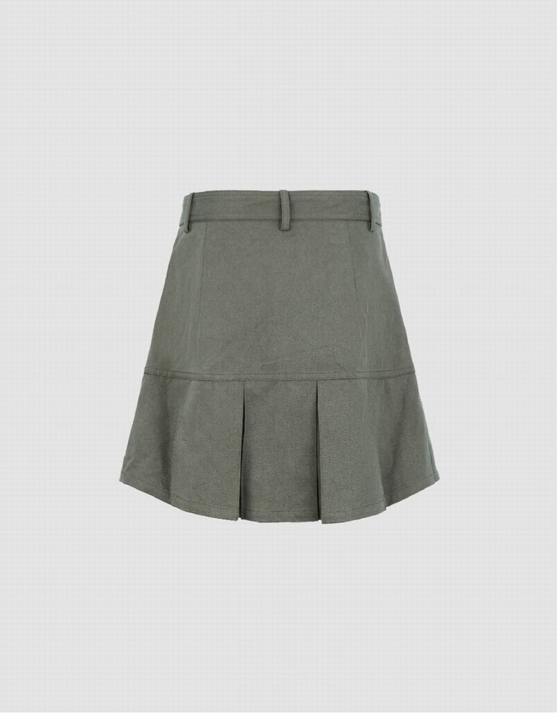 Green Women's Urban Revivo Pleated Mini A-Line With Belt Skirts | DGH6692MT