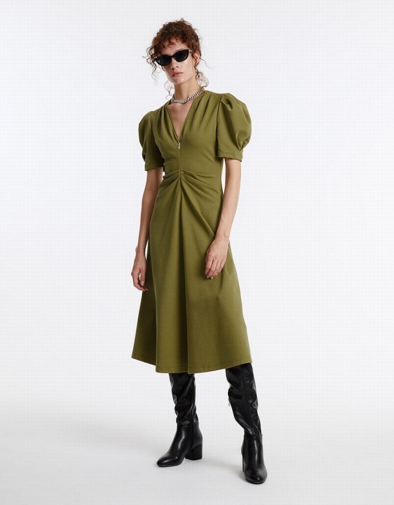 Green Women's Urban Revivo Puff Sleeve Ruched Dress | HJY9356GZ