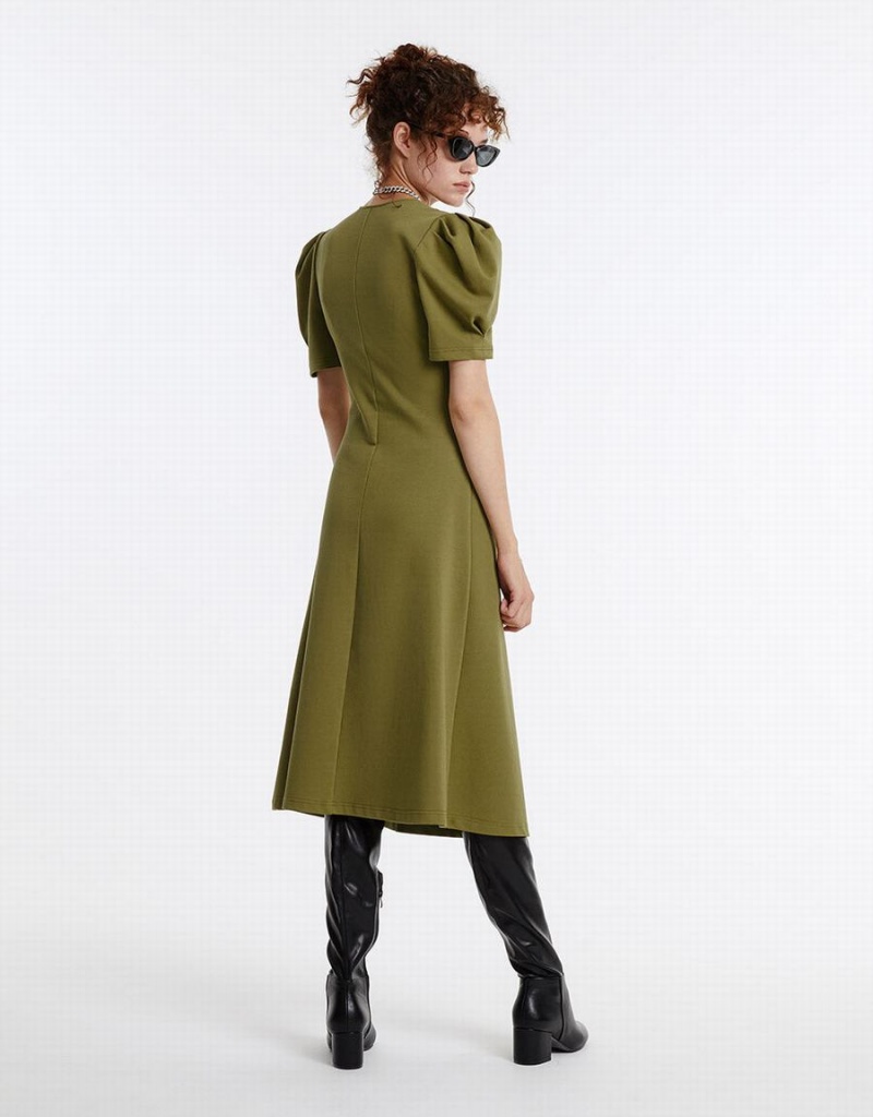 Green Women's Urban Revivo Puff Sleeve Ruched Dress | HJY9356GZ