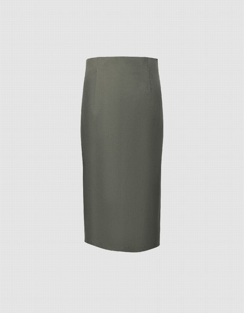 Green Women's Urban Revivo Ruched Midi Straight Skirts | BCB6267TL