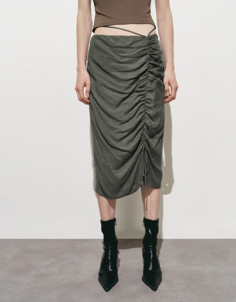 Green Women's Urban Revivo Ruched Midi Straight Skirts | BCB6267TL