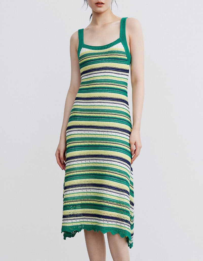 Green Women's Urban Revivo Striped Knitted Cami Dress | TPQ7893VL