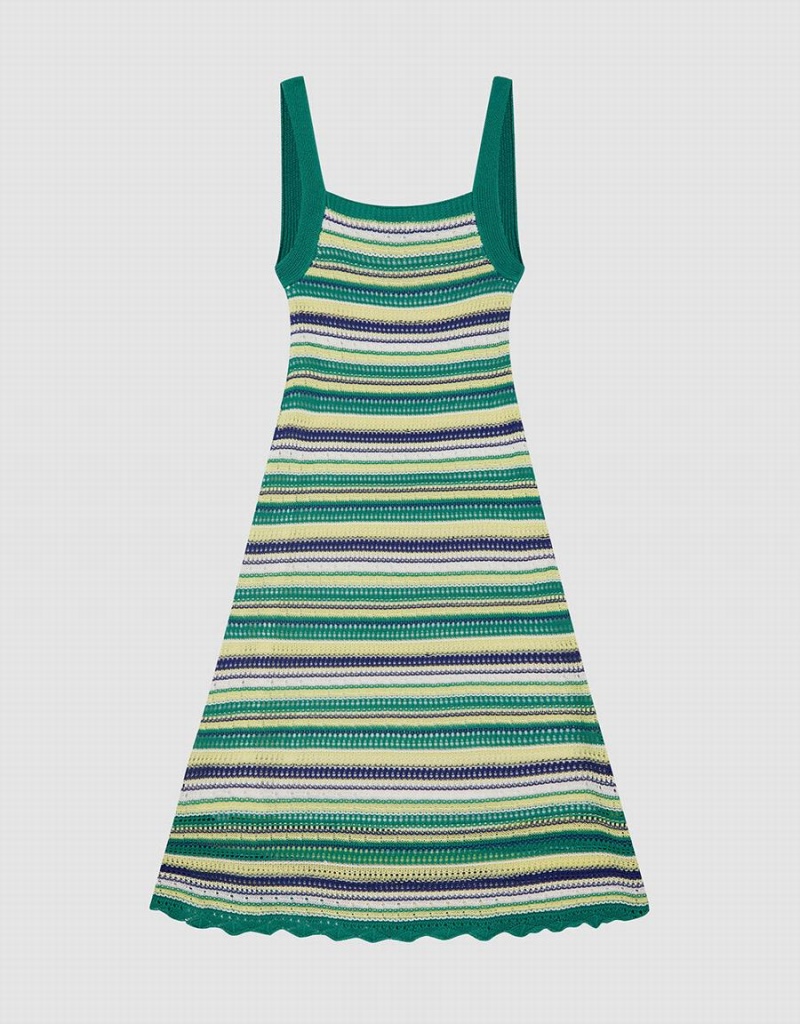 Green Women's Urban Revivo Striped Knitted Cami Dress | TPQ7893VL