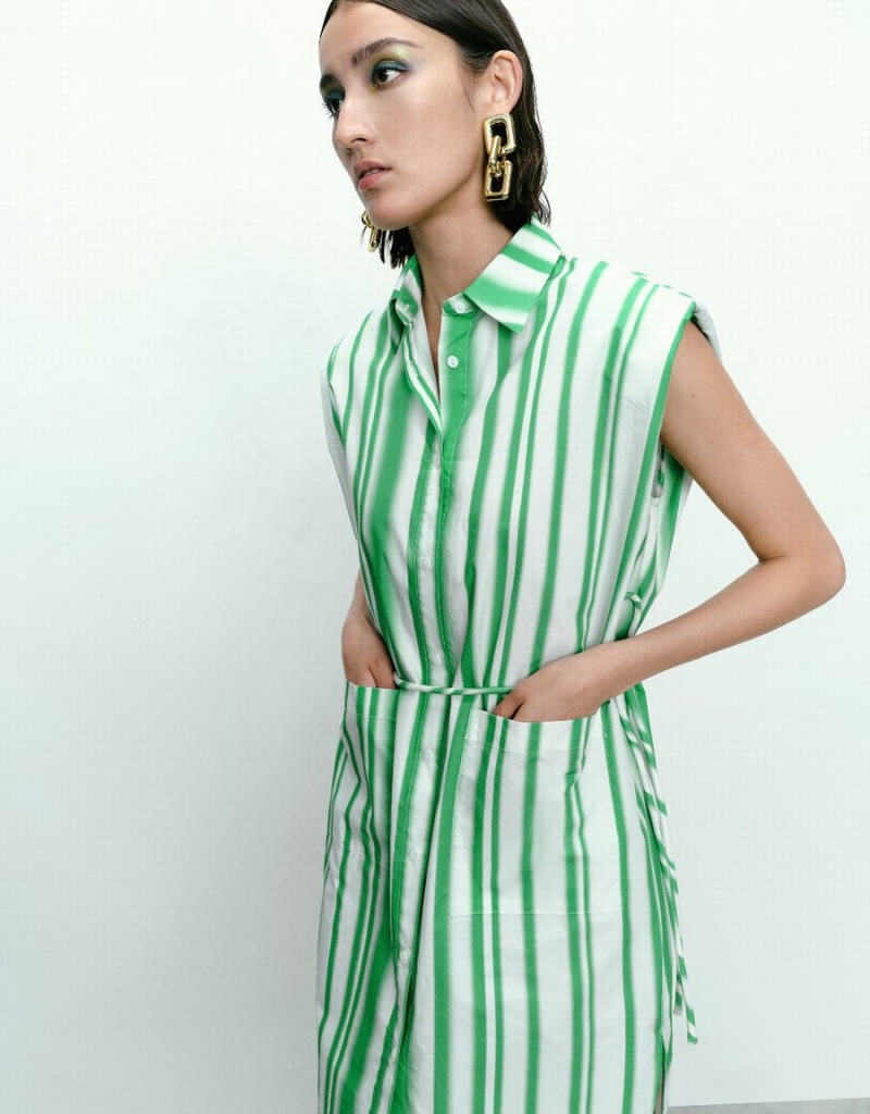 Green Women's Urban Revivo Striped Sleeveless Dress | RDE5177LK