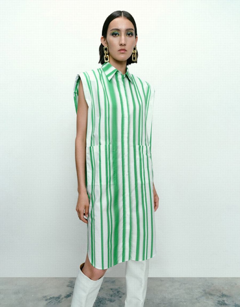 Green Women\'s Urban Revivo Striped Sleeveless Dress | RDE5177LK