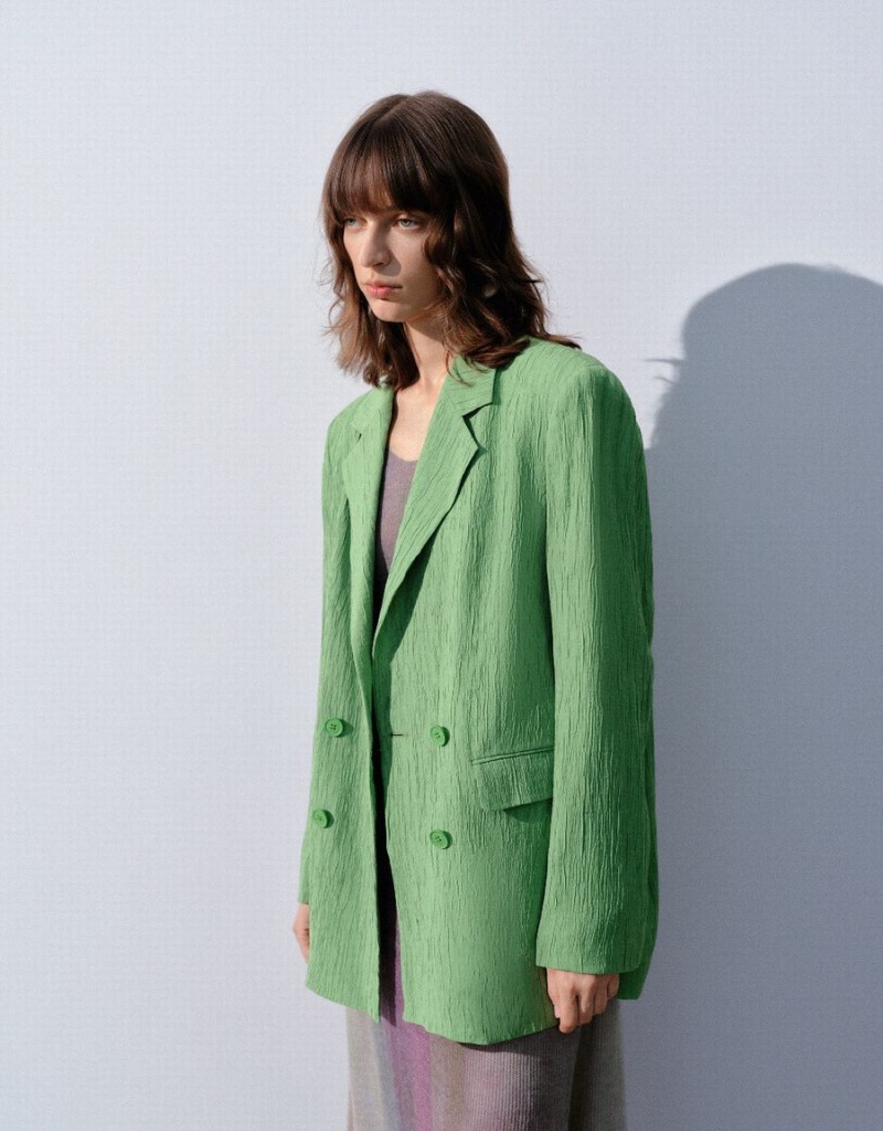 Green Women's Urban Revivo Textured Notch Lapel Blazers | XXA9276TT