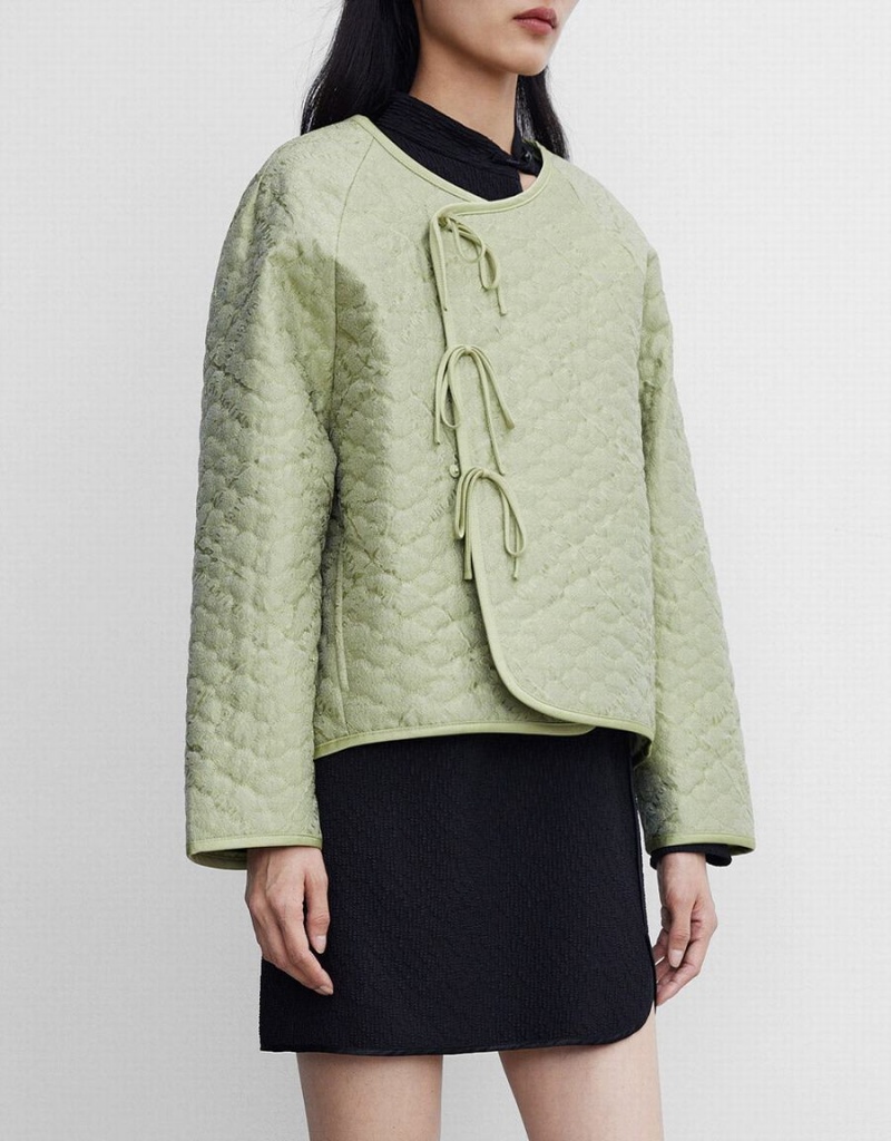 Green Women's Urban Revivo Tie Front Textured Winter Coats | UZY6047XZ