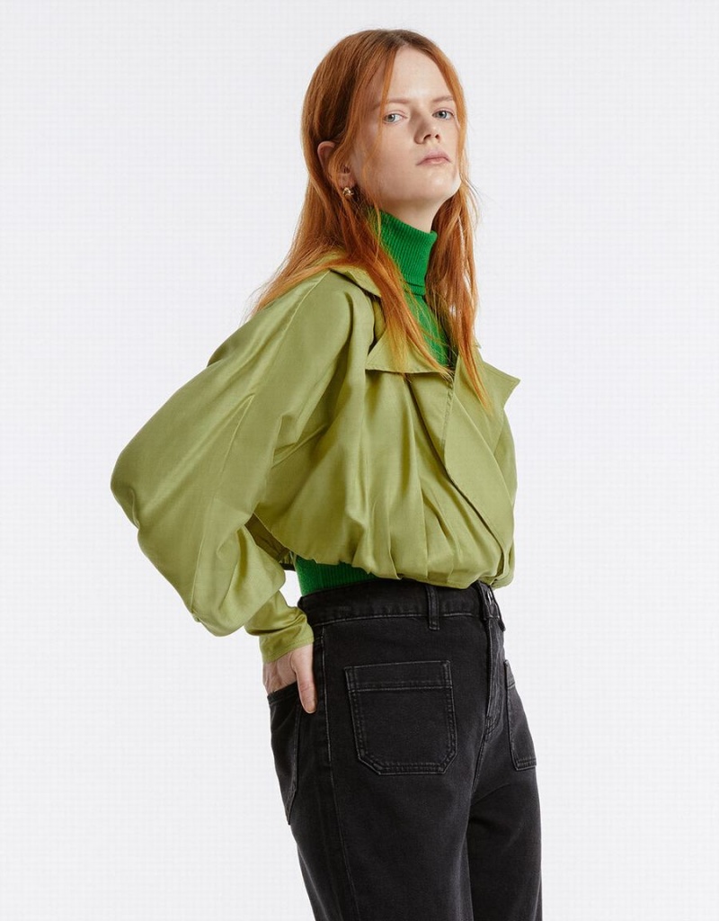 Green Women's Urban Revivo Tie Front Wrap Shirts | CQN3949NE