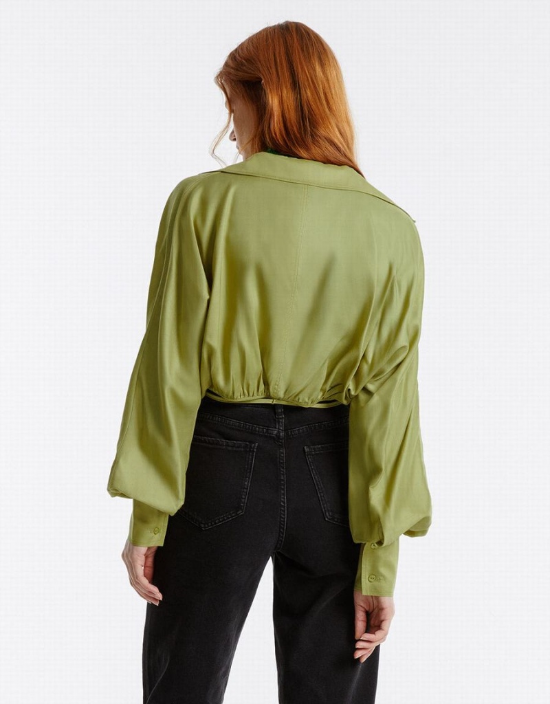 Green Women's Urban Revivo Tie Front Wrap Shirts | CQN3949NE