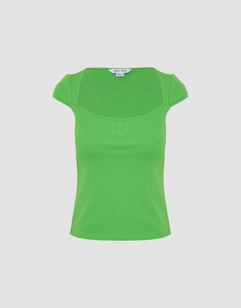 Green Women's Urban Revivo U Neck Knitted Skinny T Shirts | ZJV2691CS