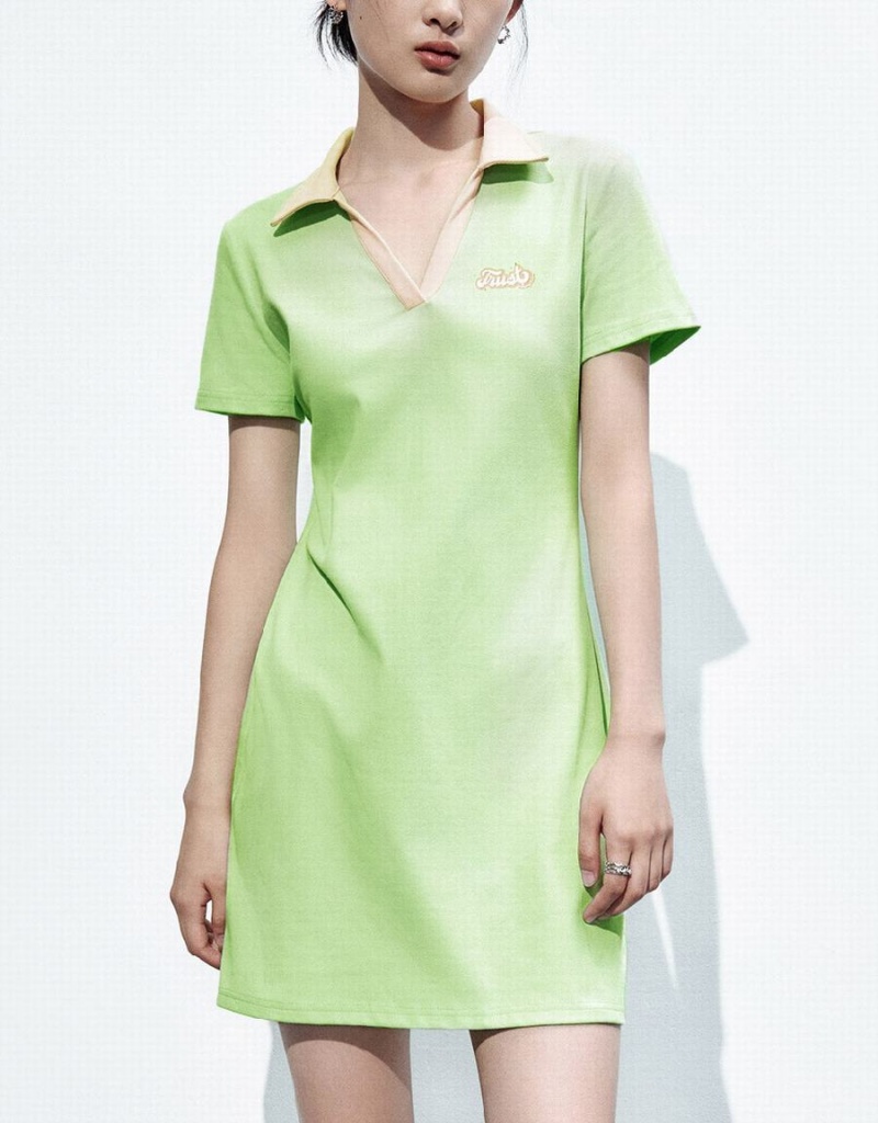 Green Women's Urban Revivo V-Neck A-Line Dress | HPG8352ZY