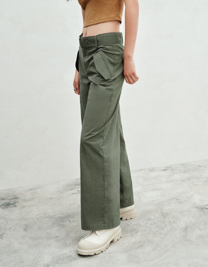 Green Women's Urban Revivo Wide-Leg With Belt Pants | NPK354PC