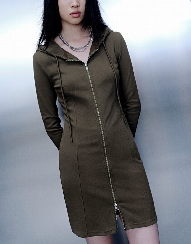 Green Women's Urban Revivo Zipper Front Hooded A-Line Dress | QFE996CI