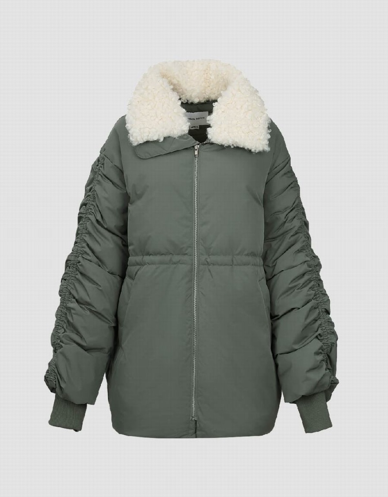 Green Women's Urban Revivo Zipper Front With Furry Collar Down Jackets | WOF2352VO