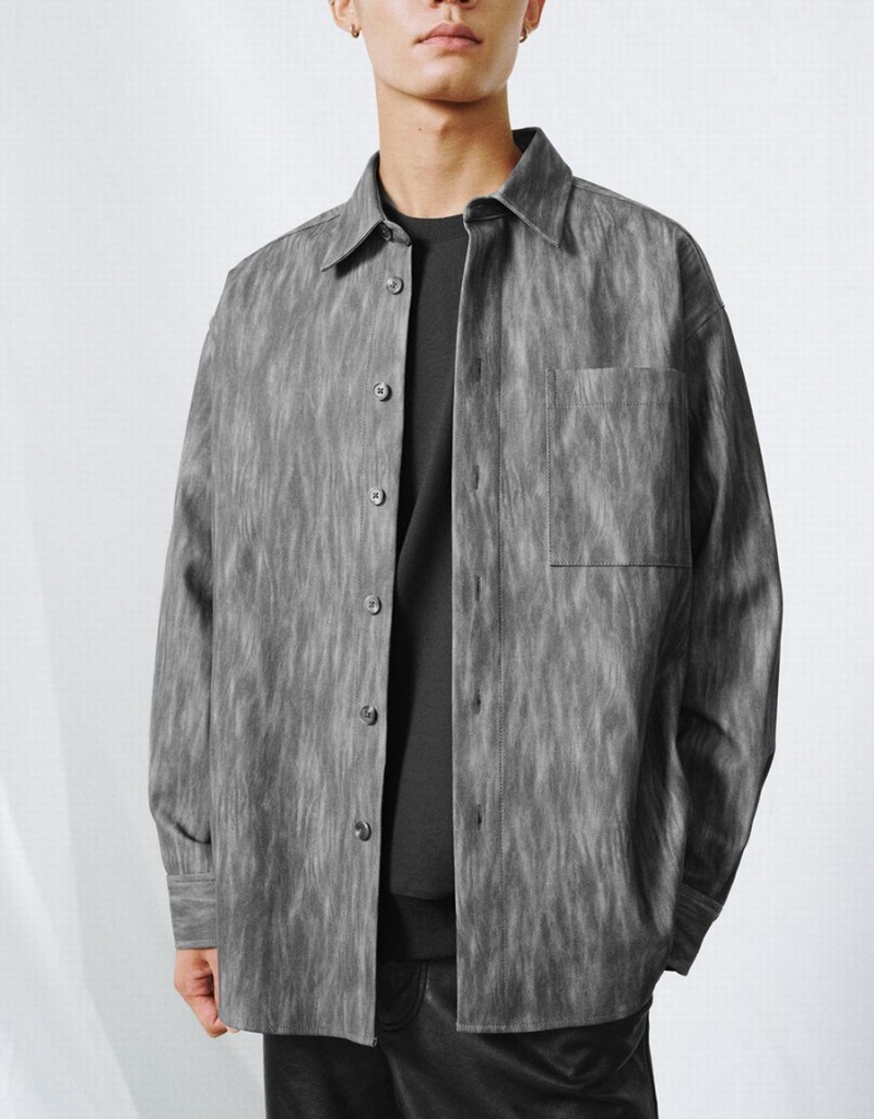 Grey Men's Urban Revivo Button Up Printed Shirts | LOA2411IH