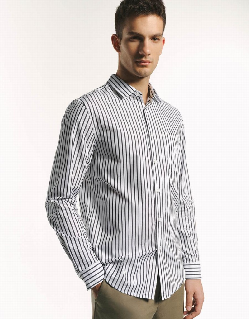 Grey Men's Urban Revivo Button Up Striped Shirts | BEB3910VU