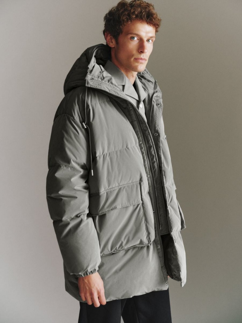 Grey Men's Urban Revivo Hooded A-Line Down Jackets | GCR1929GD